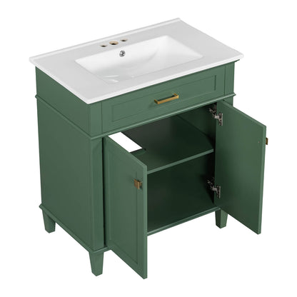 Compact green bathroom vanity with polished undermount ceramic sink