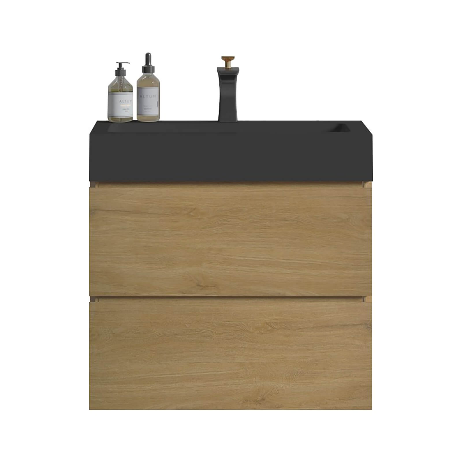 Compact oak floating vanity perfect for small bathroom spaces