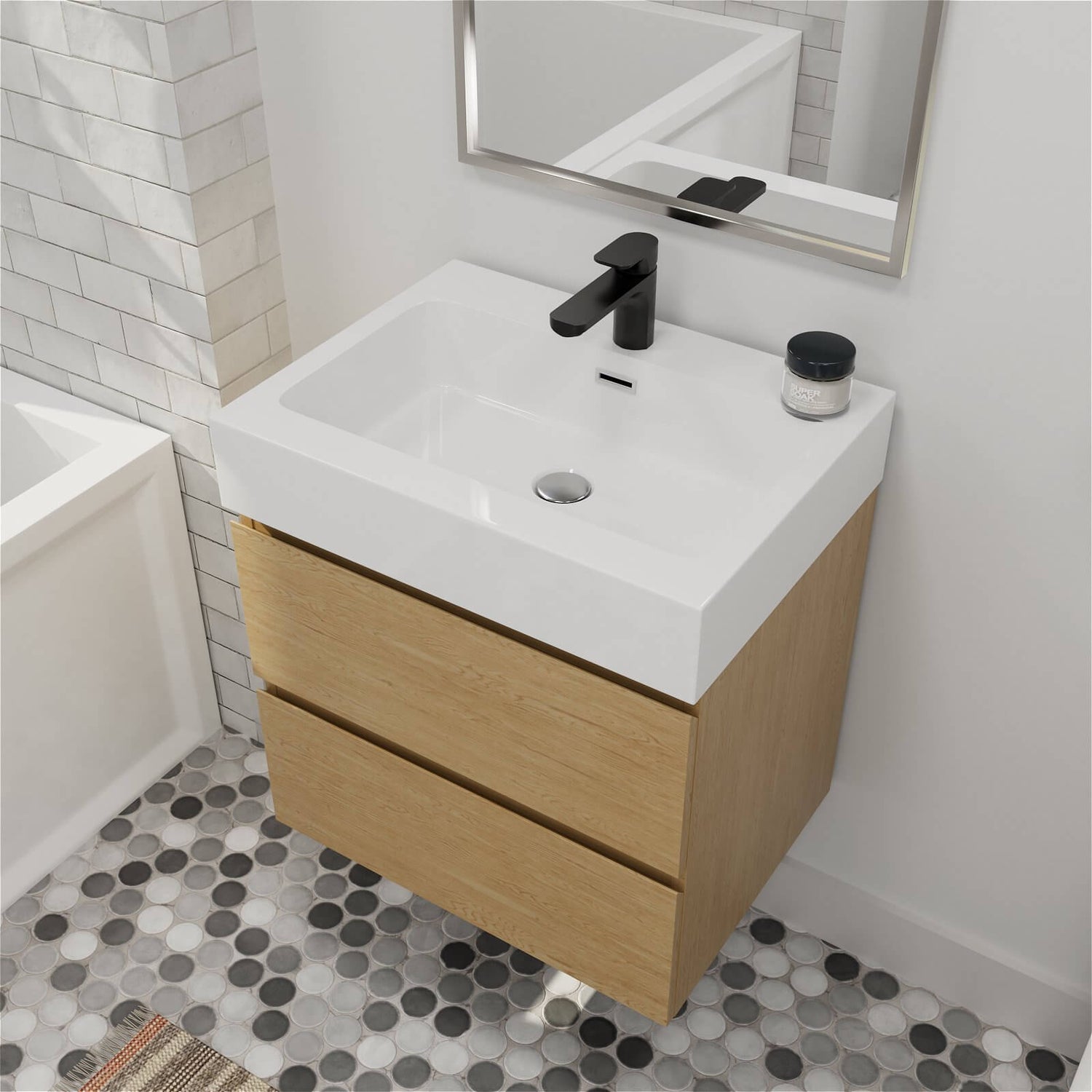 Compact oak veneer floating vanity with two storage drawers