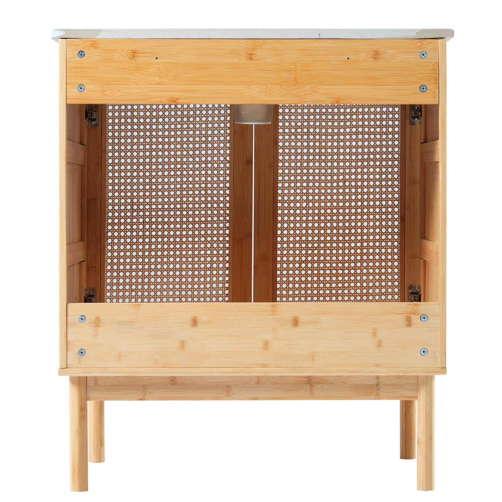 Compact rattan vanity with ceramic sink and natural wood frame