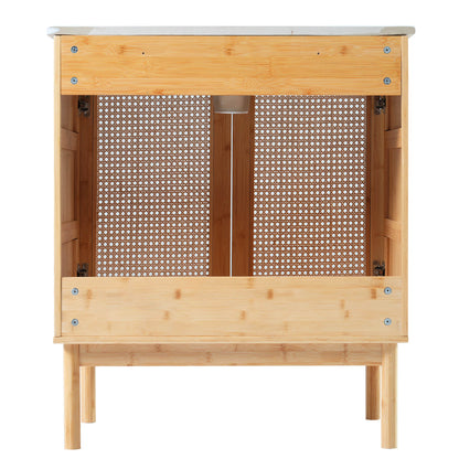 Compact rattan vanity with ceramic sink and natural wood frame