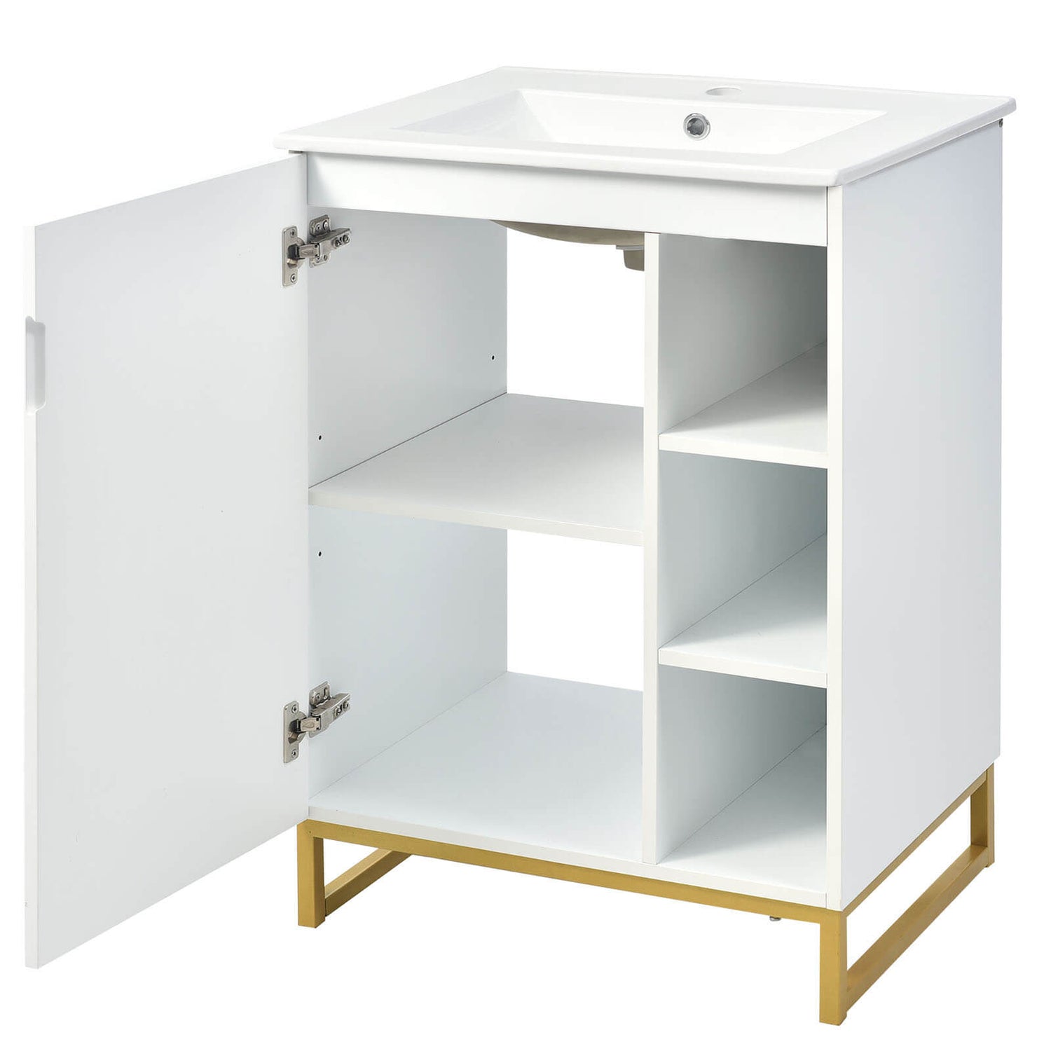 Compact white Shaker vanity with gold legs and stylish open storage