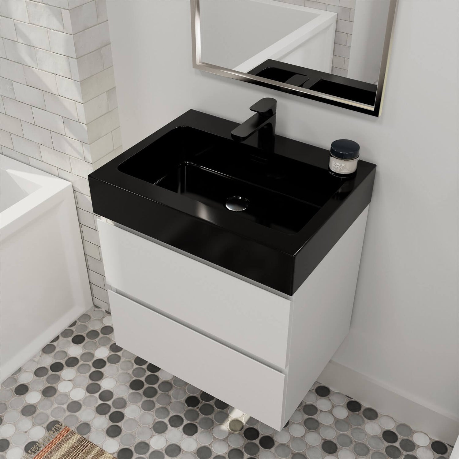 Compact white vanity with matte black sink and minimalist design