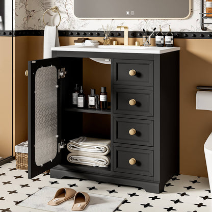 Compact black bathroom vanity with frosted glass