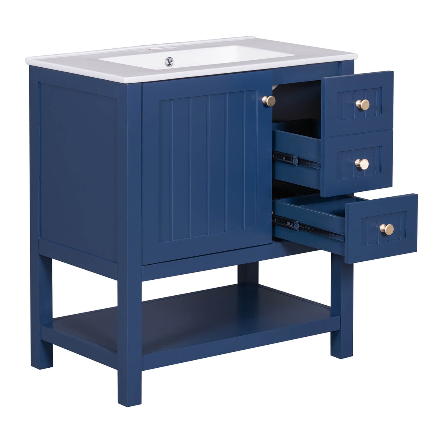 Compact freestanding vanity with open bottom shelf