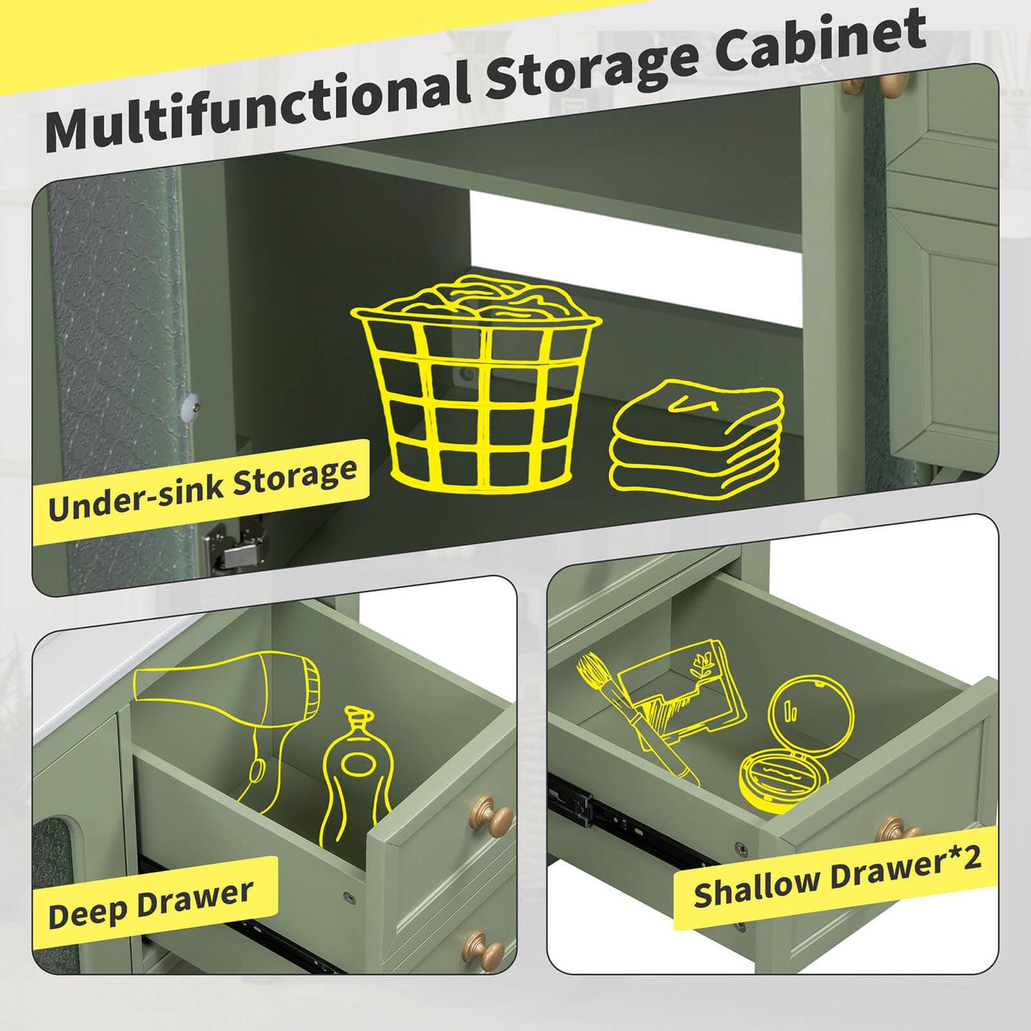 Sinkcutout display for 36 green bathroom vanity with patterned glass door