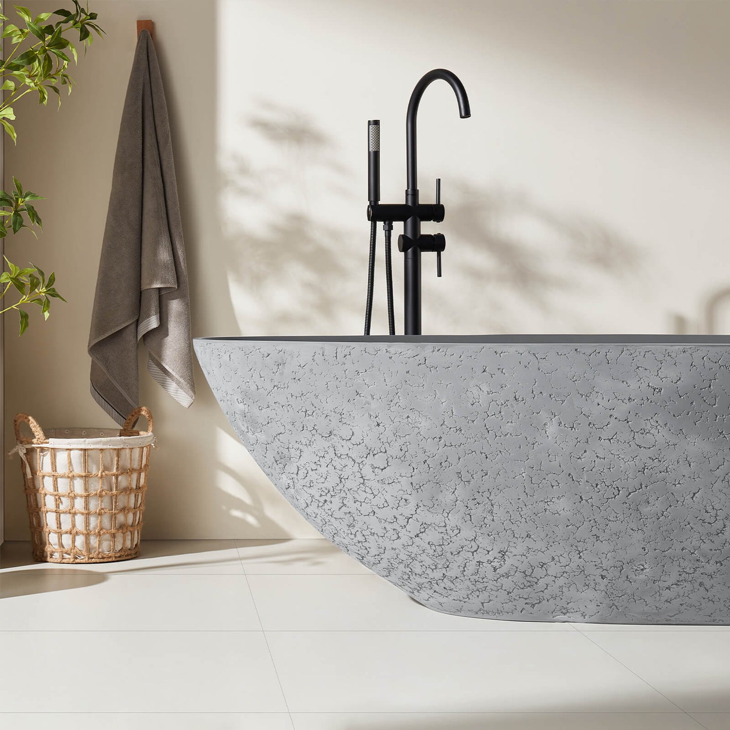 Concrete industrial bathtub with ergonomic design for long soaks