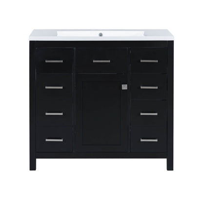 Contemporary black vanity with six drawers for organized bathroom storage