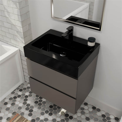 Contemporary gray floating vanity featuring soft close storage drawers