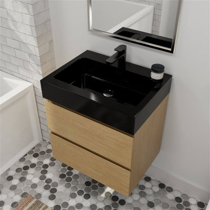 Contemporary oak bathroom vanity with a durable solid surface black sink