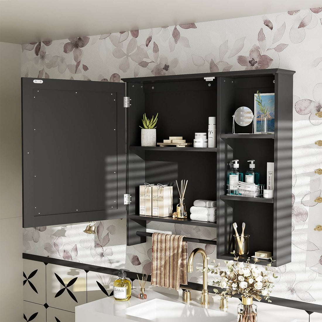 Coordinated black bathroom vanity and medicine cabinet set