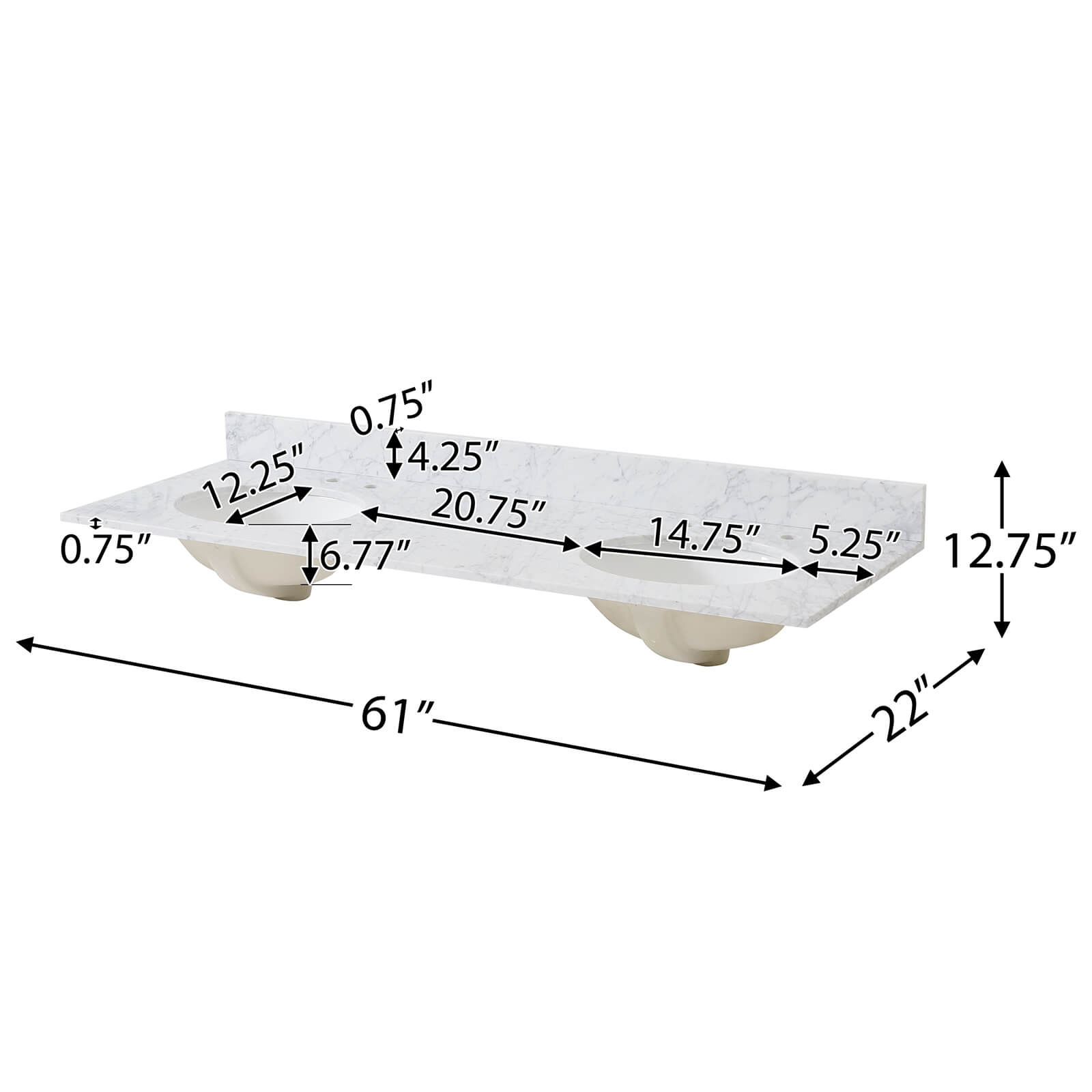 Countertop Dimensions Specifications for a 61 Blue Gray Bathroom Vanity with Open Shelving