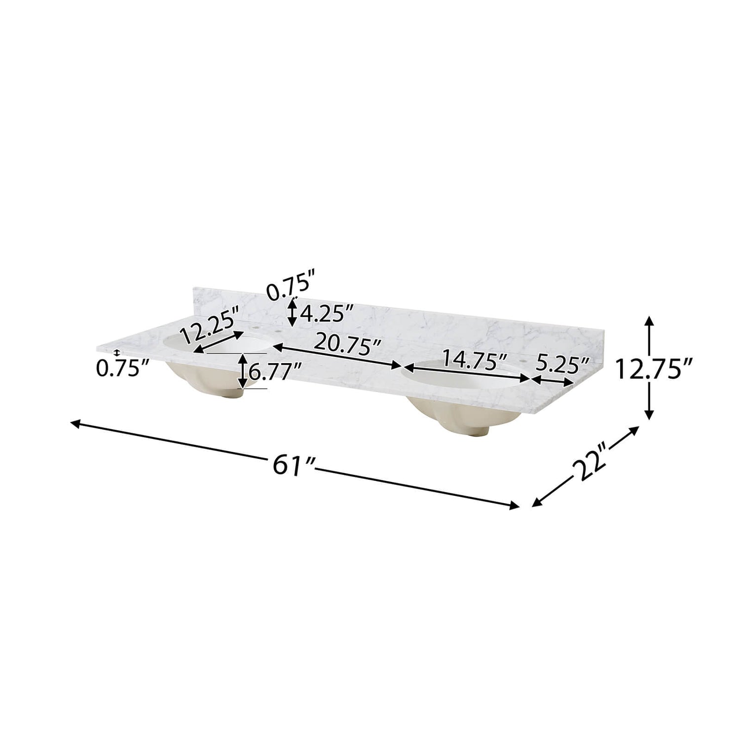 Countertop Dimensions for 61 Blue Gray Double Sink Vanity with Backsplash