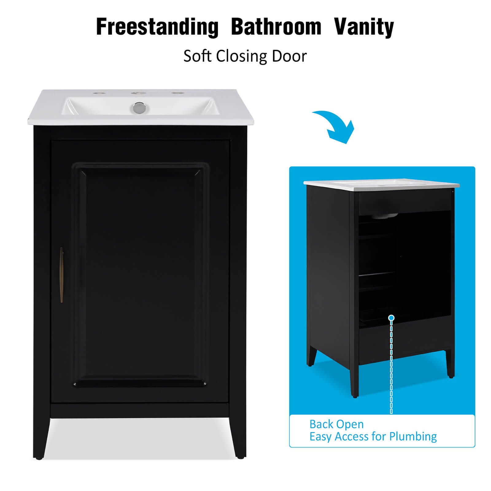 Description of 20 Inch Black Simple Bathroom Vanity Freestanding with Storage Space