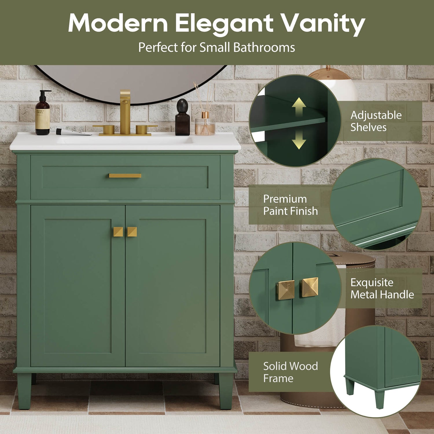 Detail of 30 inch green bathroom vanity with undermount ceramic sink