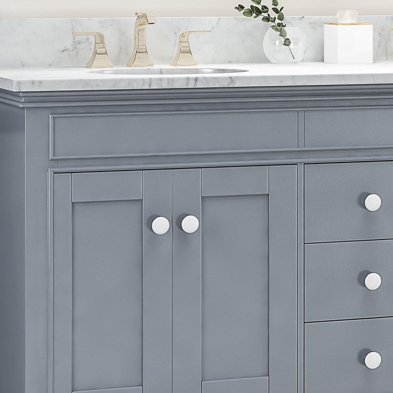 Detail of 61 blue gray double sink vanity with backsplash