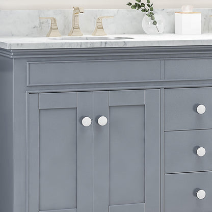 Detail of 61 blue gray double sink vanity with backsplash