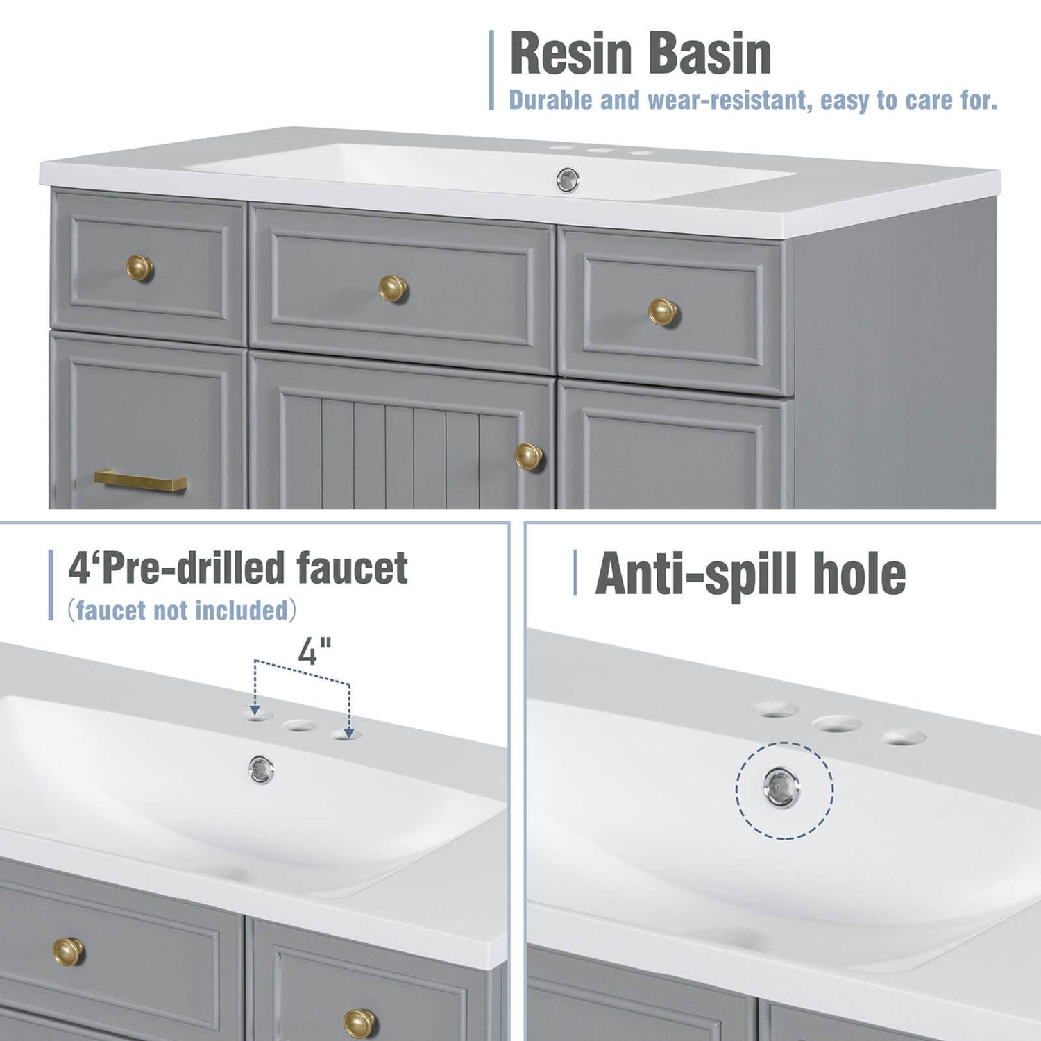 Detail of cutouts for 36 inch grey bathroom vanity with integrated resin sink