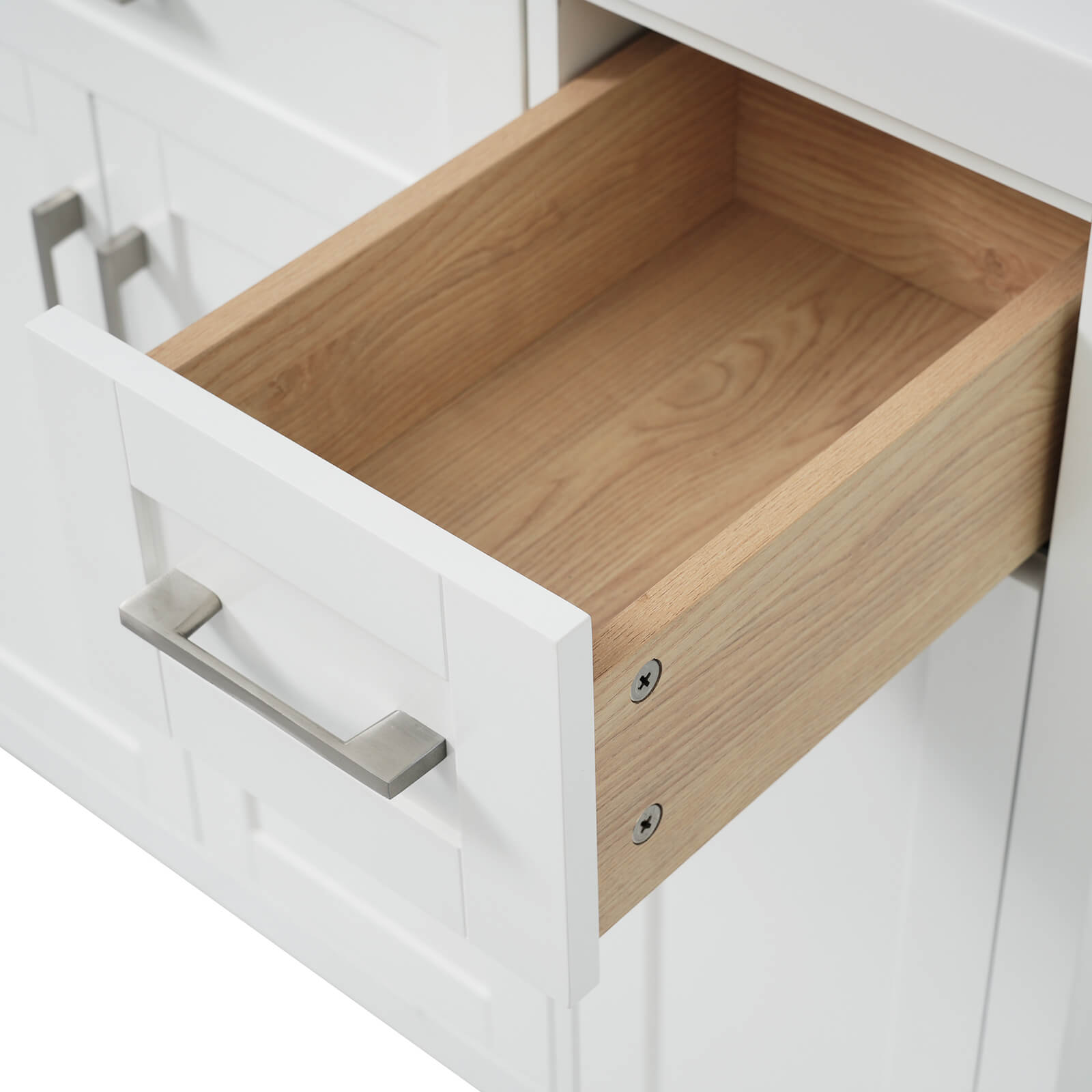 Detail of drawers in 36 white bathroom vanity with left offset sink