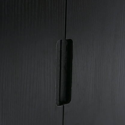 Detail of hidden handles on a 30 inch minimalist black bathroom vanity