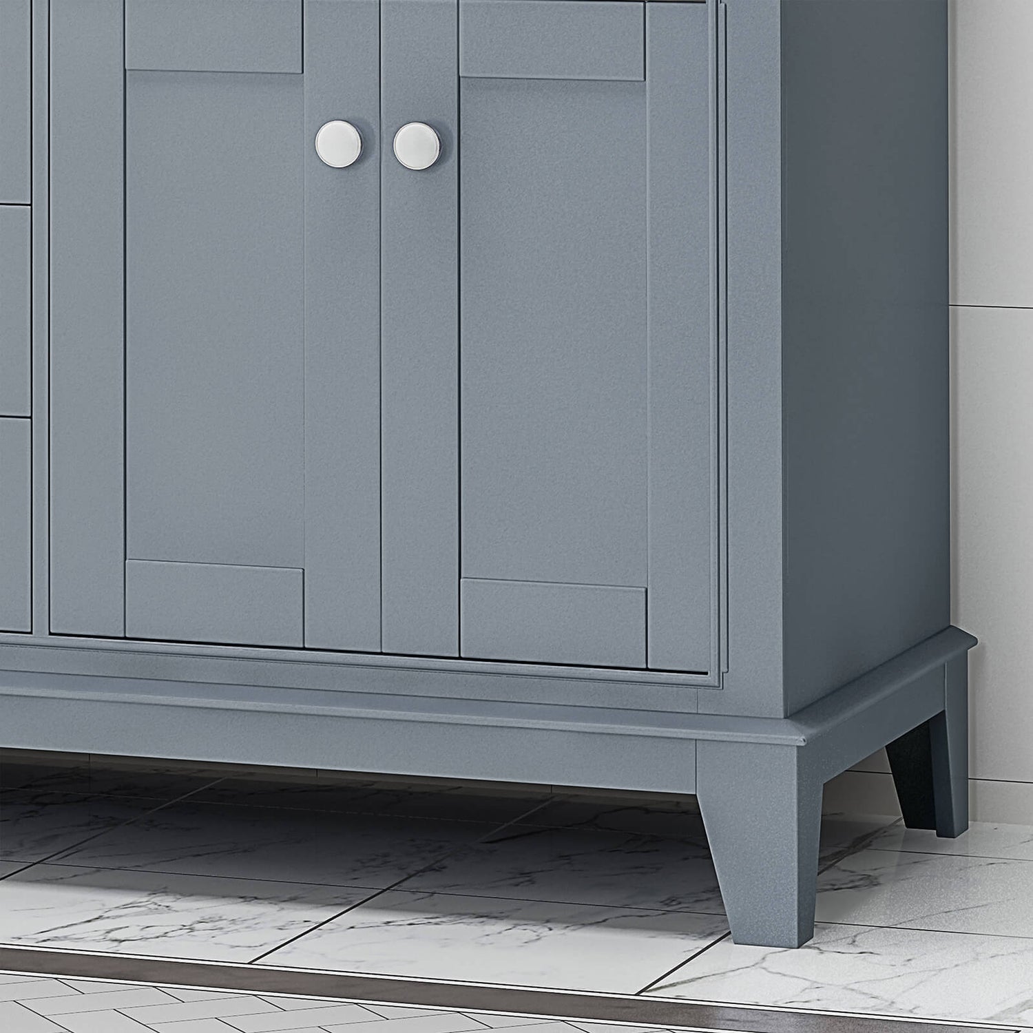 Detail of the base of the 61 blue gray double sink vanity with backsplash