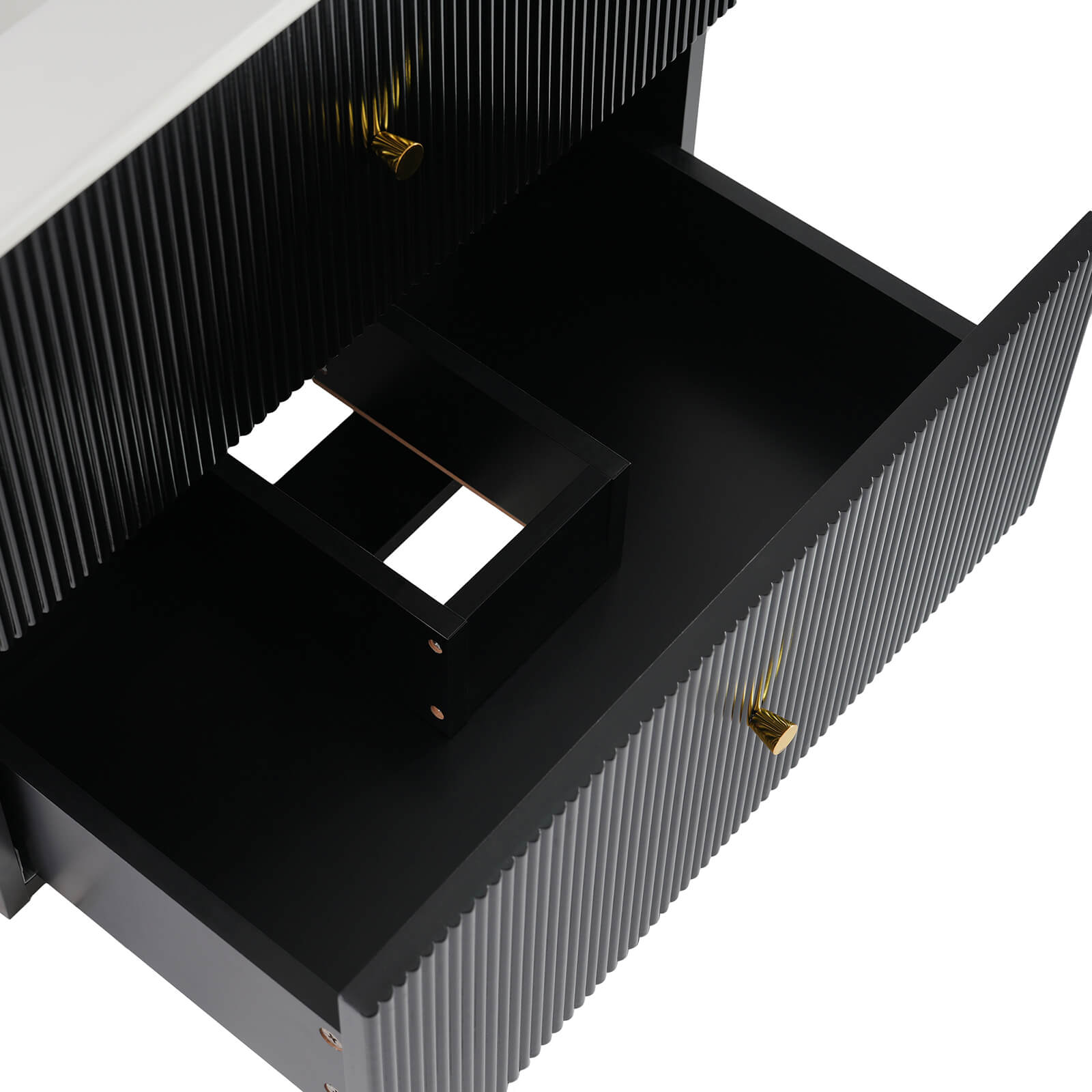 Detail of the bottom drawer of the 24 black wall mounted vanity with single hole ceramic sink