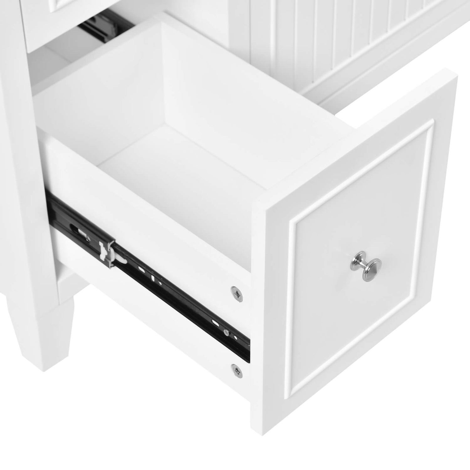 Detail of the deep drawers in the 30 white bathroom vanity with 2 left side drawers