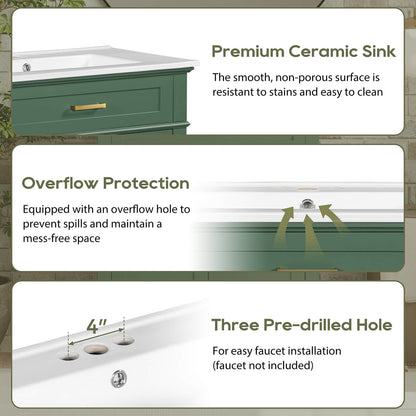 Detail of the holes in the 30 inch green bathroom vanity with undermount ceramic sink