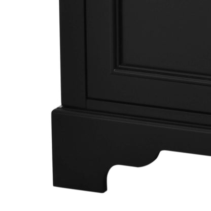 Detail of the legs of a 30 inch floor mounted single sink black bathroom vanity