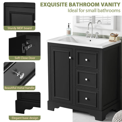 Detail of various parts of 30 inch floor mounted single sink black bathroom vanity