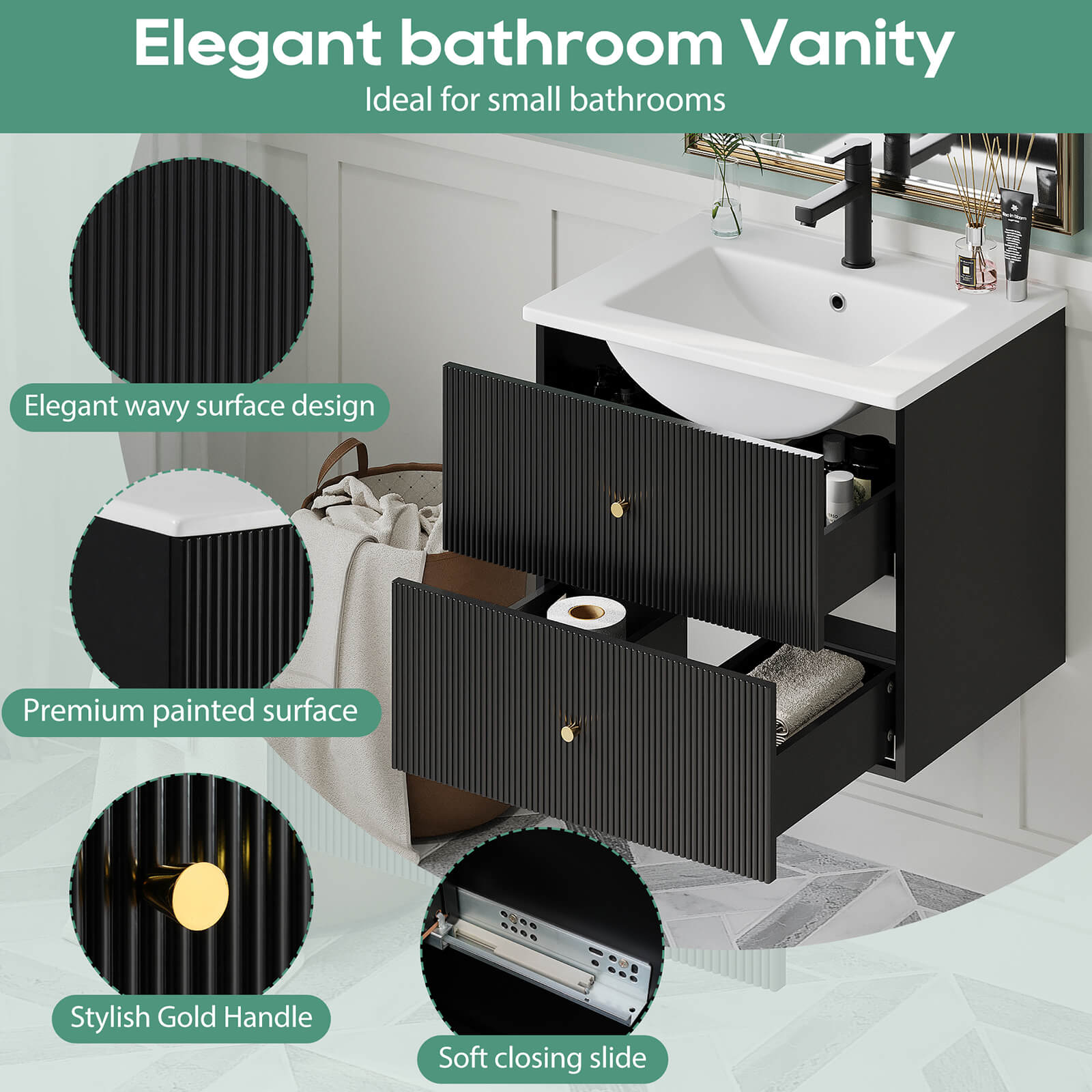 Details of the 24 black wall mounted vanity with single hole ceramic sink