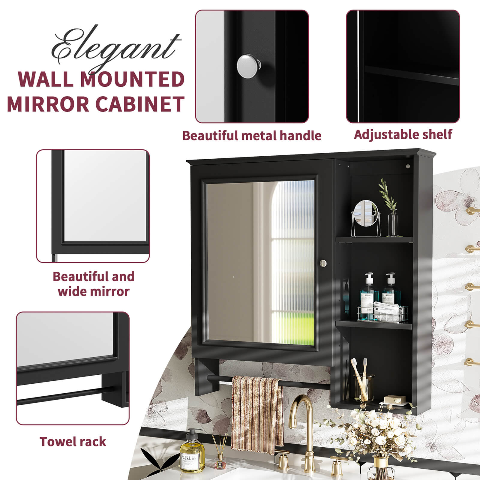 Details of the 29 x 28 inch black medicine cabinet with open shelves and mirrored doors