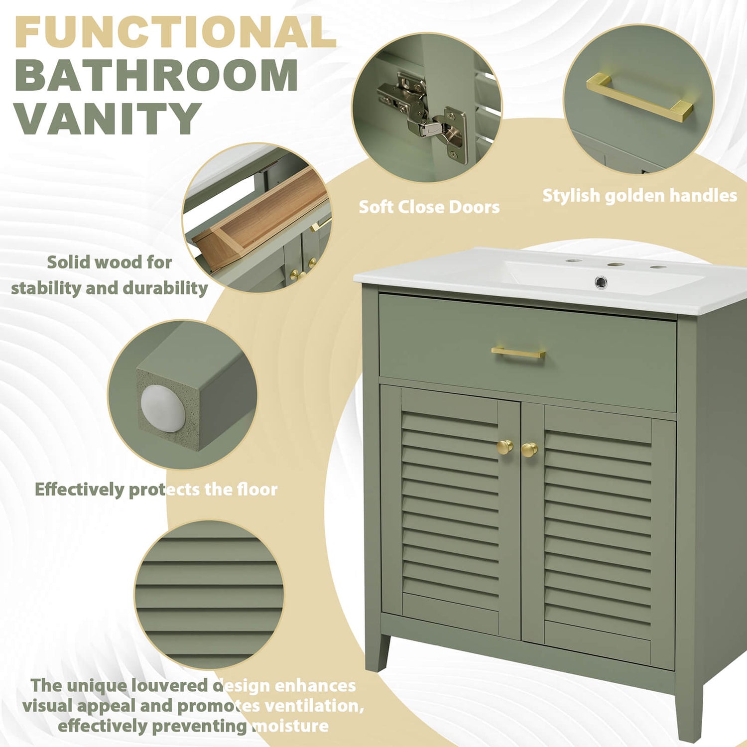 Details of the 30 bathroom vanity with 2 louvered doors