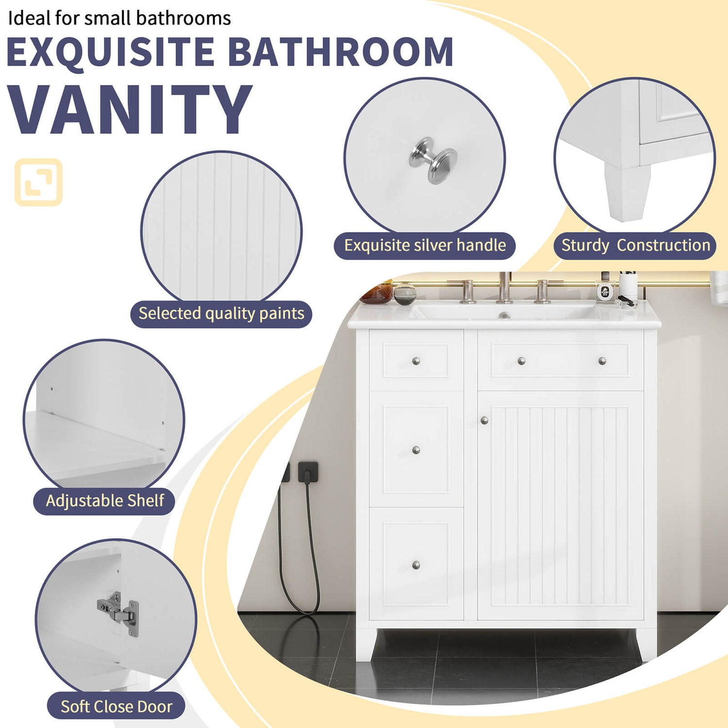 Details of the 30 white bathroom vanity with 2 left side drawers