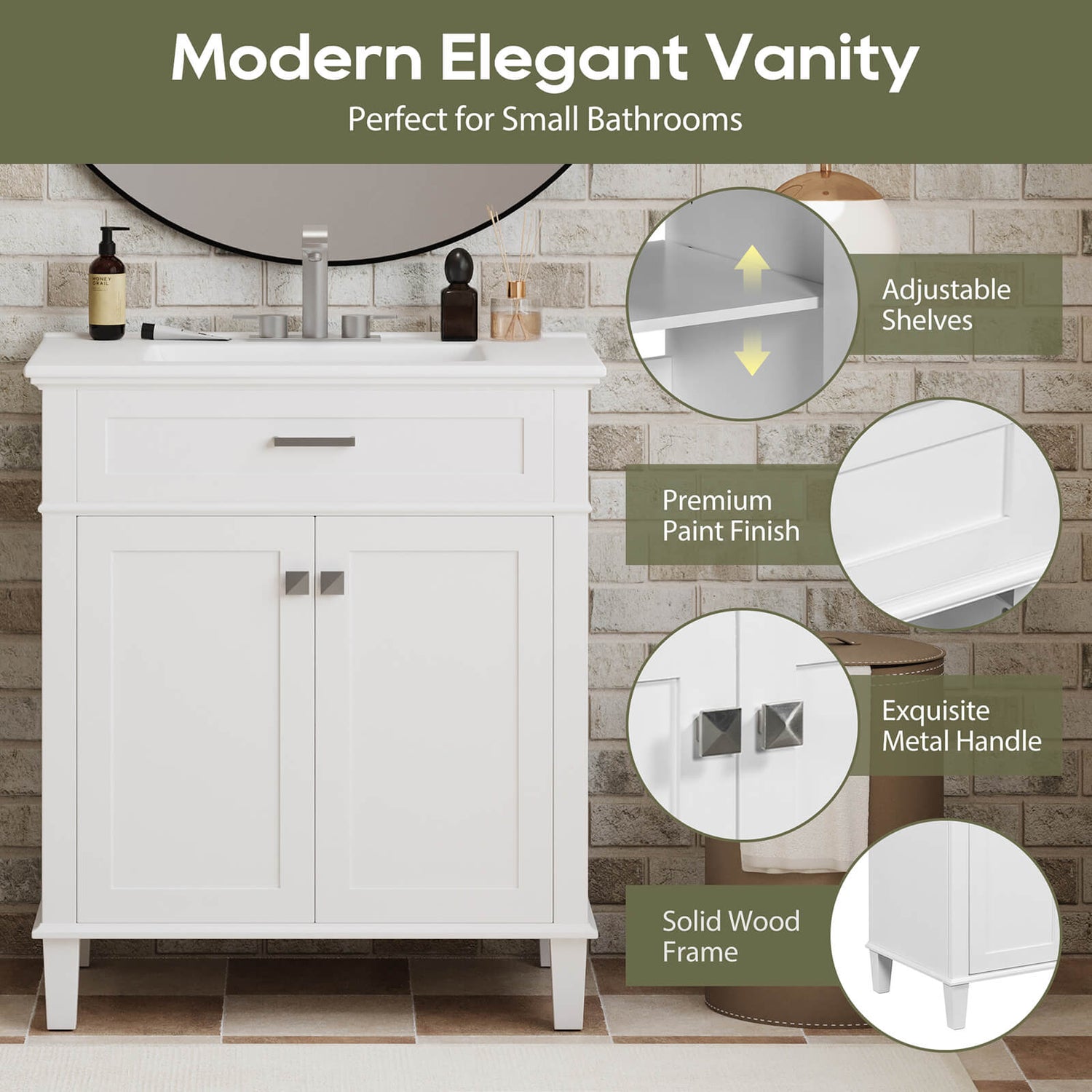 Details of the 30 white bathroom vanity with undermount ceramic sink