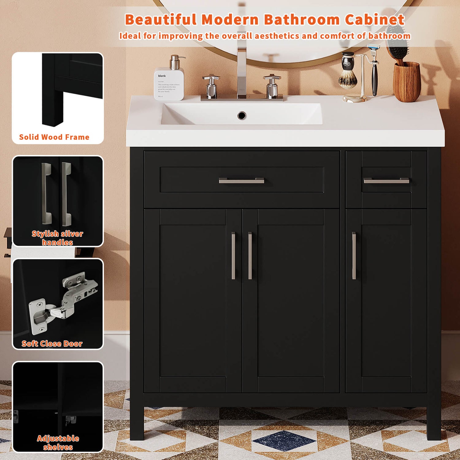 Details of the 36 in black bathroom vanity with left offset sink