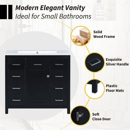 Details of the 36 inch black bathroom vanity with 6 drawers