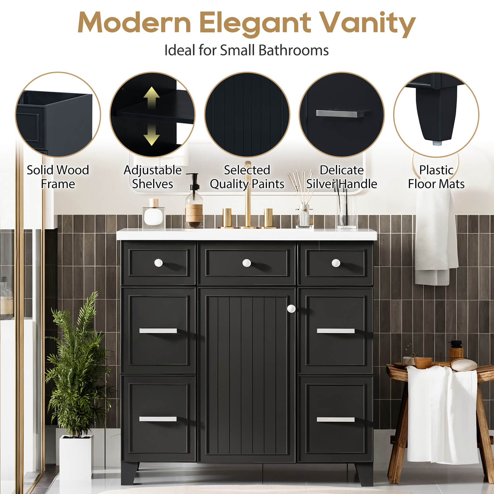 Details of the various sections of a 36 inch black bathroom vanity with integrated resin sink