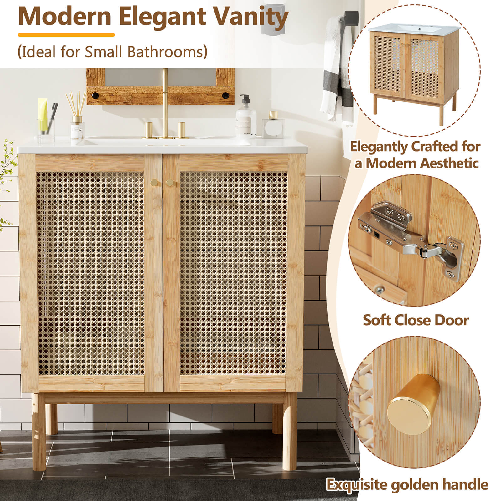 Details of various parts of 30 inch rattan bathroom vanity with top basin