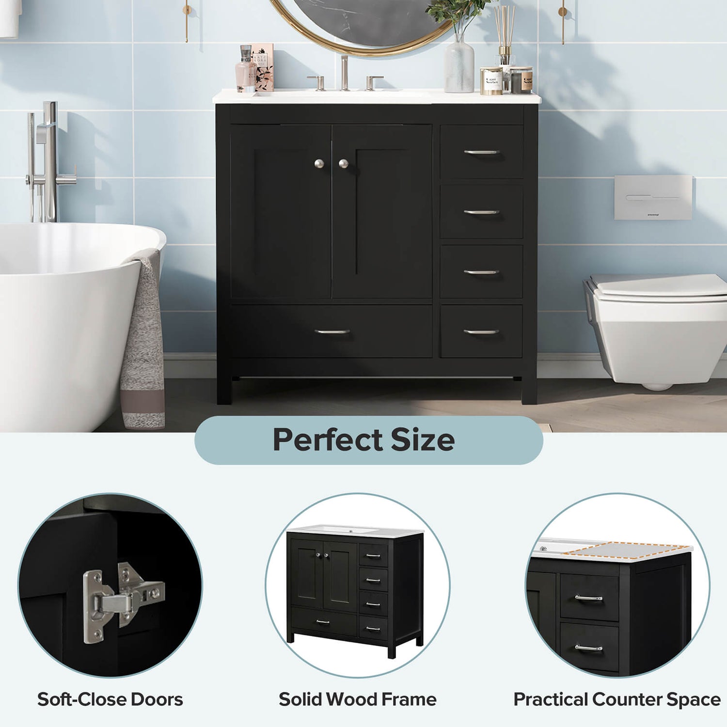 Details of various parts of the 36 black bathroom vanity with drawers on the right