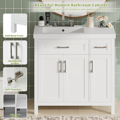 Details of various positions of a 36 white bathroom vanity with left offset sink