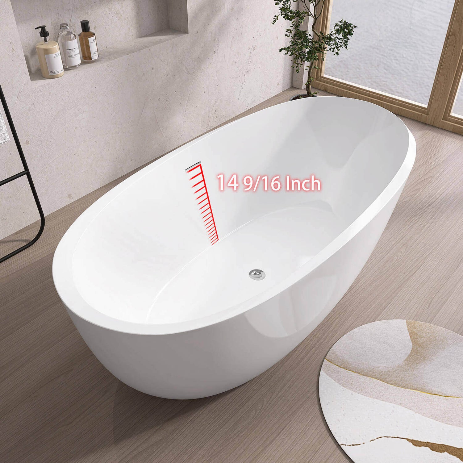 Diagram of the overflow location of the 59 inch oval white thick rimmed acrylic bathtub