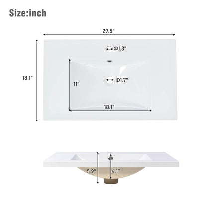 Dimension Diagram of 30 x 18 in Rectangular Resin Sink Vanity Top in