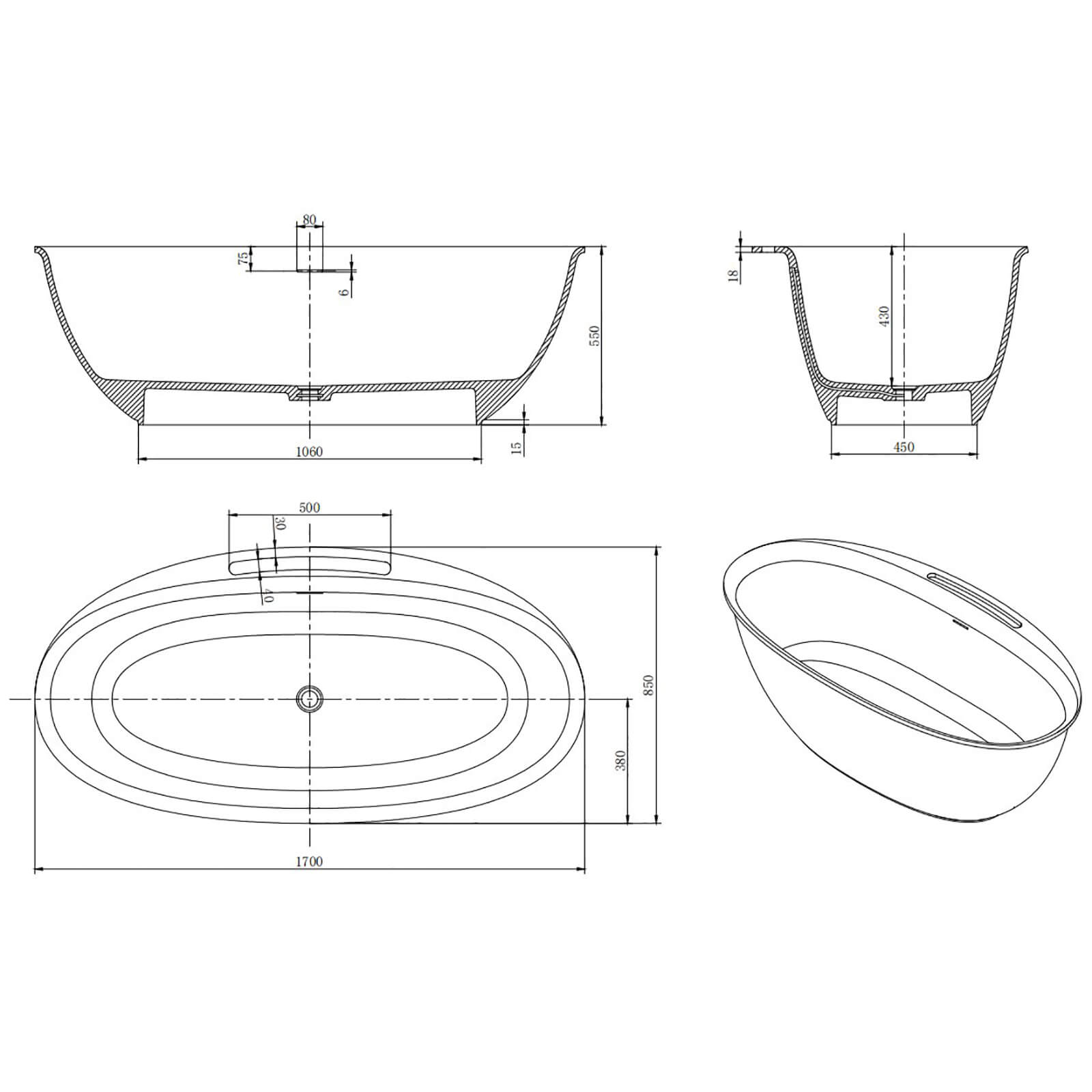 Dimensional Outline of a 67 inch Solid Surface Soaking Tub with Towel Rack