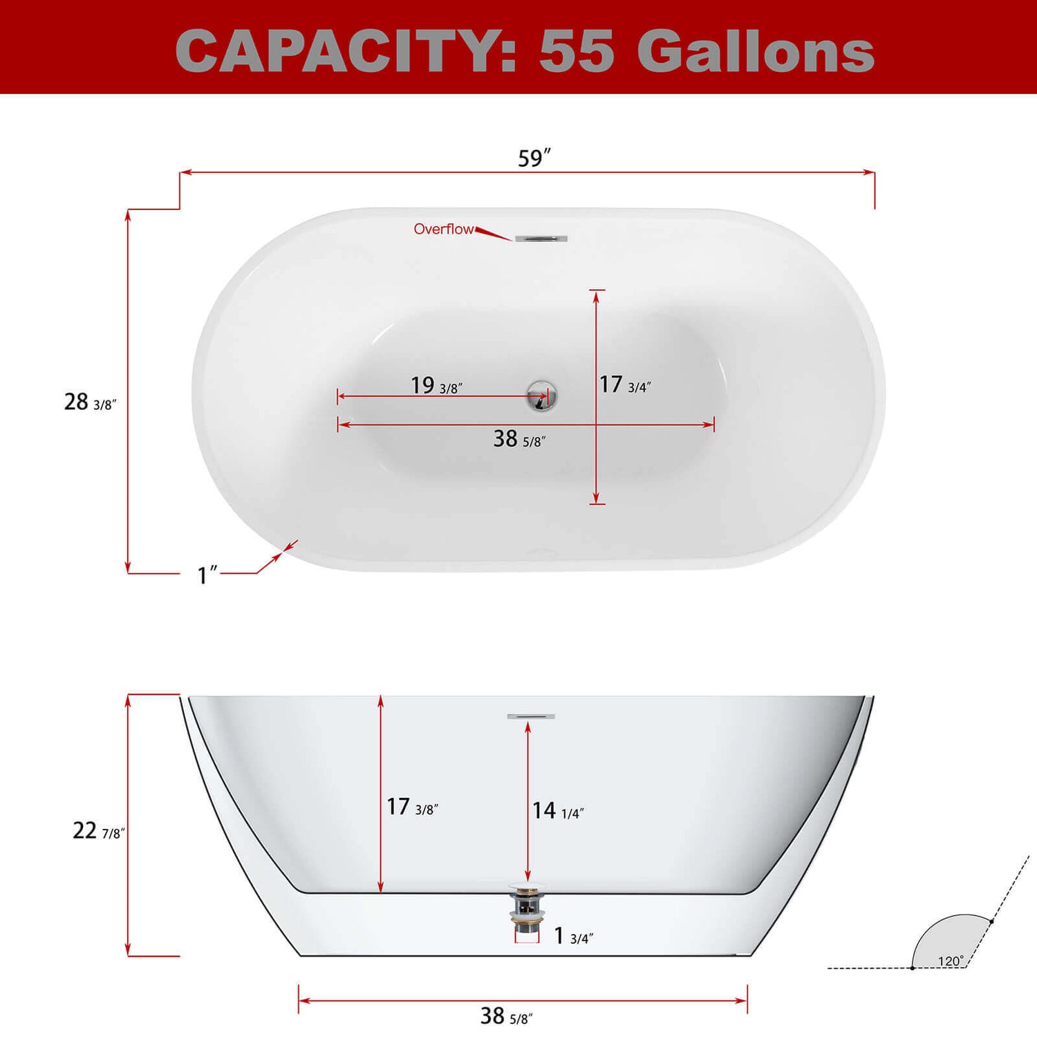 Dimensional Outlines for 59 inch White _ Black Acrylic Soaking Tub