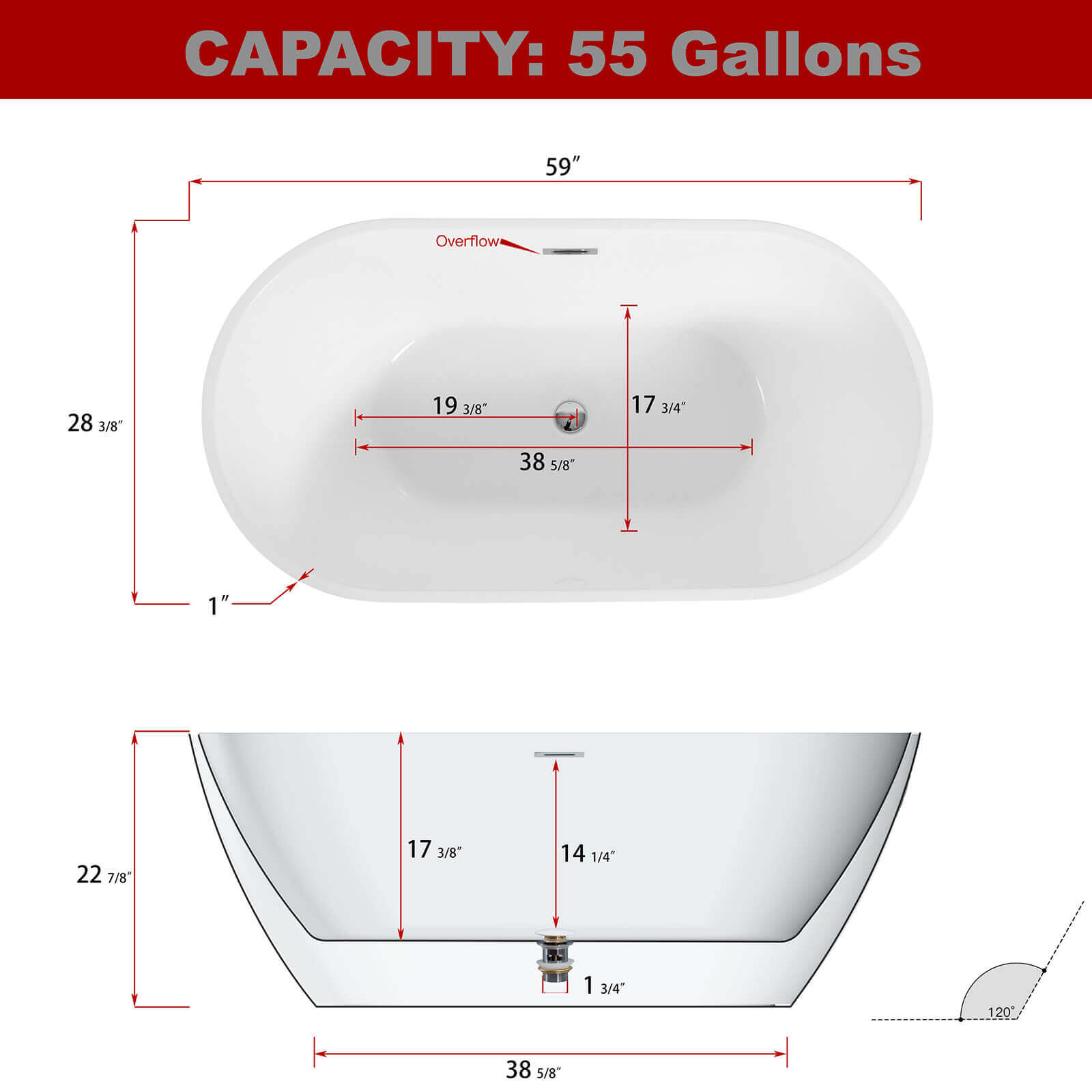 Dimensional Outlines for 59 inch White _ Black Acrylic Soaking Tub