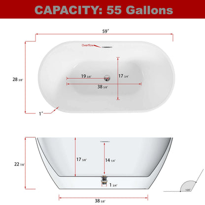 Dimensional Outlines for 59 inch White _ Black Acrylic Soaking Tub