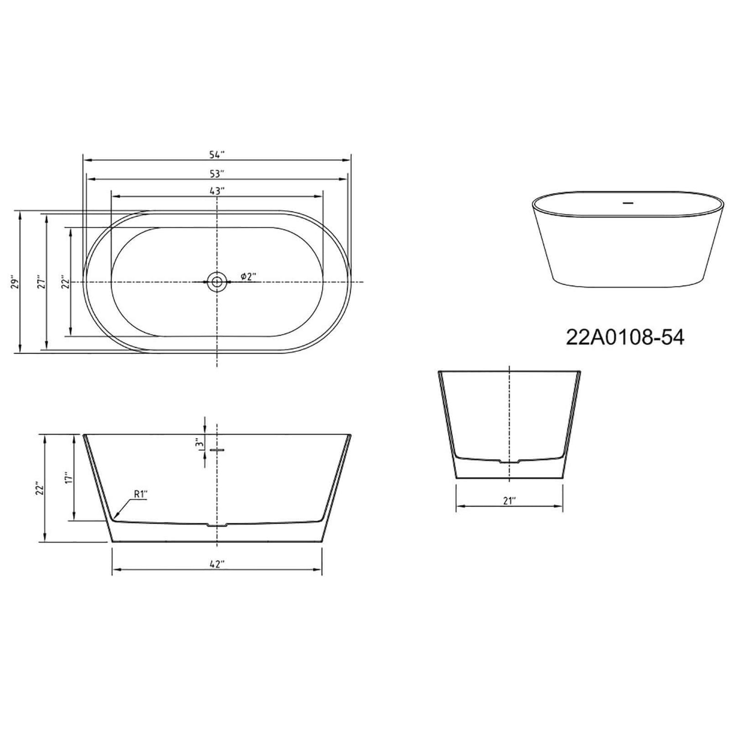 Dimensional outline drawing of 54 inch white oval acrylic bathtub