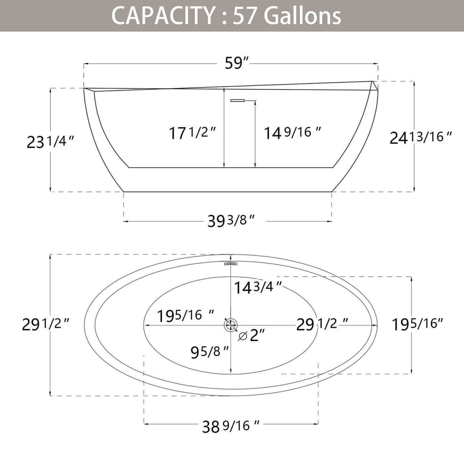 Dimensional outline drawing of 59 inch oval white thick rim acrylic bathtub