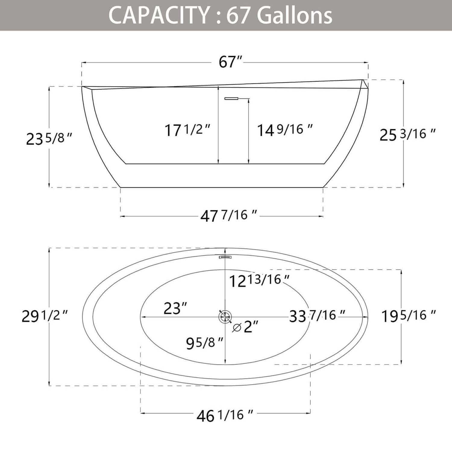 Dimensional outline drawing of 67 acrylic double ended bathtub with center overflow